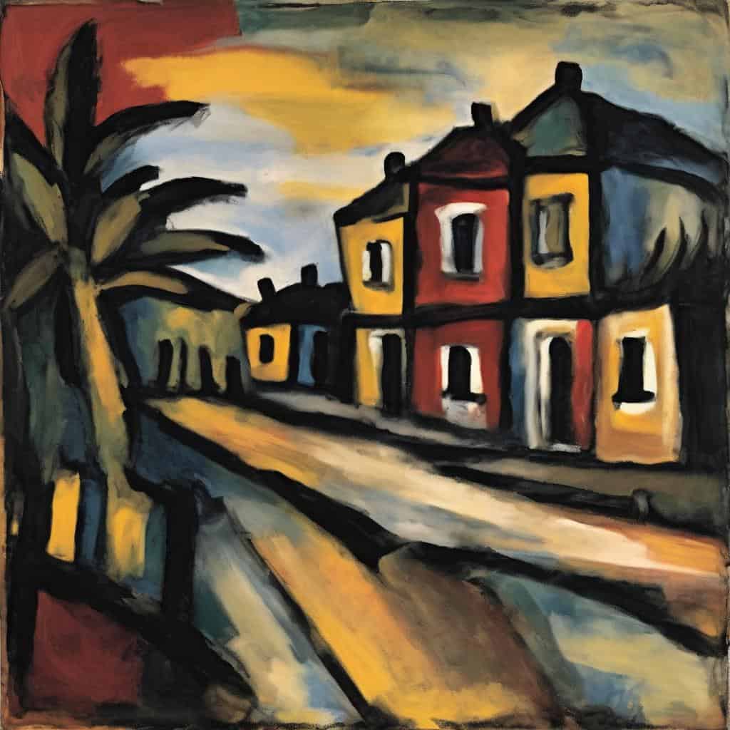 Ζωγραφικό έργο με έθνικ στιλ που απεικονίζει παραδοσιακά σπίτια και φοινικόδεντρα, εκφράζοντας τον πολιτισμό και την τέχνη, ιδανικό για πολιτισμική αντανάκλαση και καλλιτεχνικές αναζητήσεις.