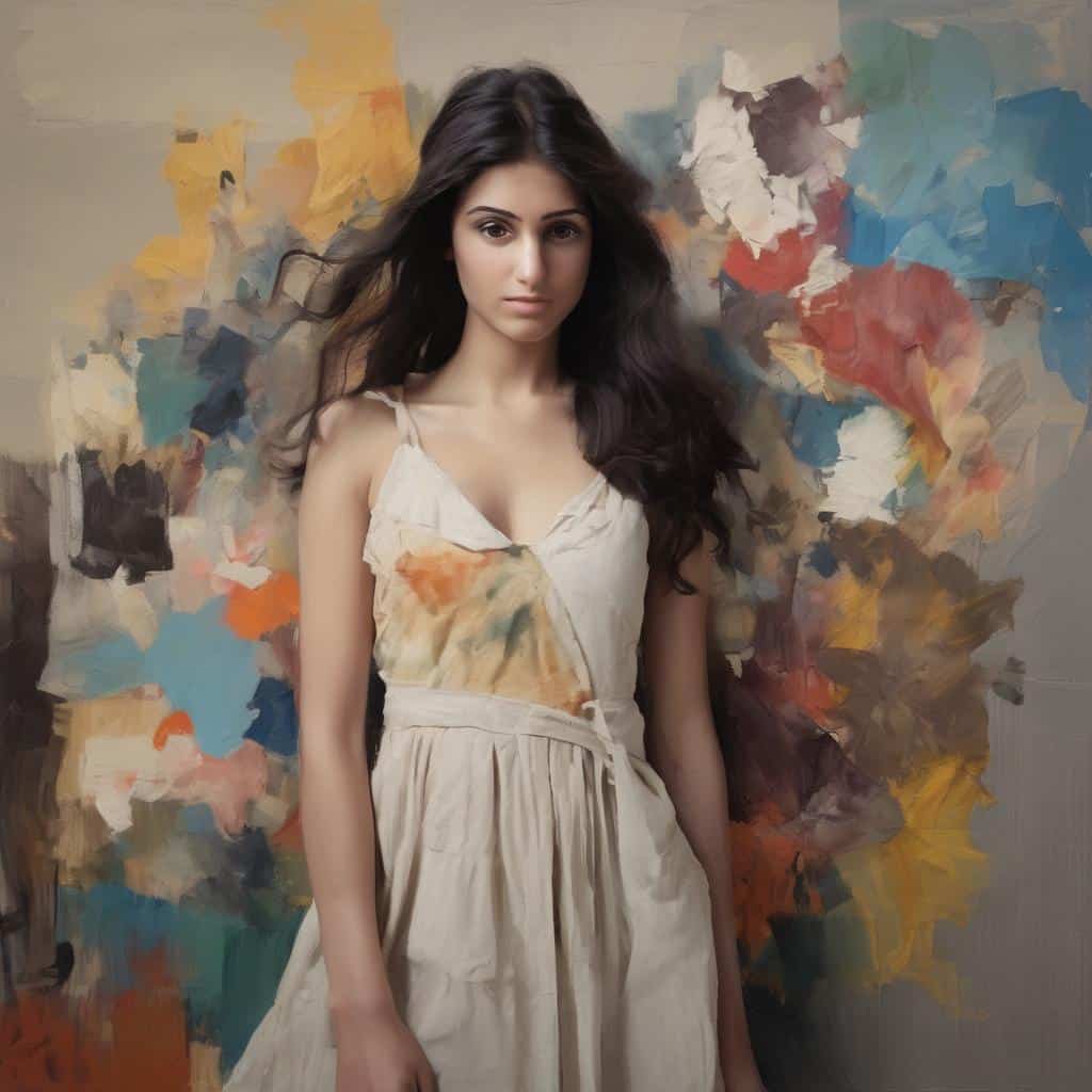 Νεαρή γυναίκα μπροστά σε αφηρημένο έργο τέχνης με έντονα χρώματα, αντανάκλαση πολιτισμικής τέχνης και δημιουργικότητας.