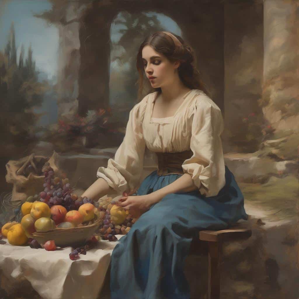 Αποκριτική γυναίκα με φρούτα σε παραδοσιακή σκηνή, κάνοντας τέχνη και πολιτισμό, σε ρεαλιστική ζωγραφική με φυσικό φως και ιστορική ατμόσφαιρα.