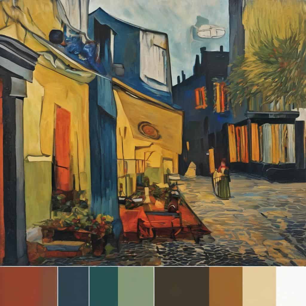 Ζωηρόχρωμο έργο τέχνης με αρ ντεκό στυλ που απεικονίζει μια καλλιτεχνική πόλη, ενισχύοντας τον πολιτισμό και την τέχνη στην καθημερινή ζωή.