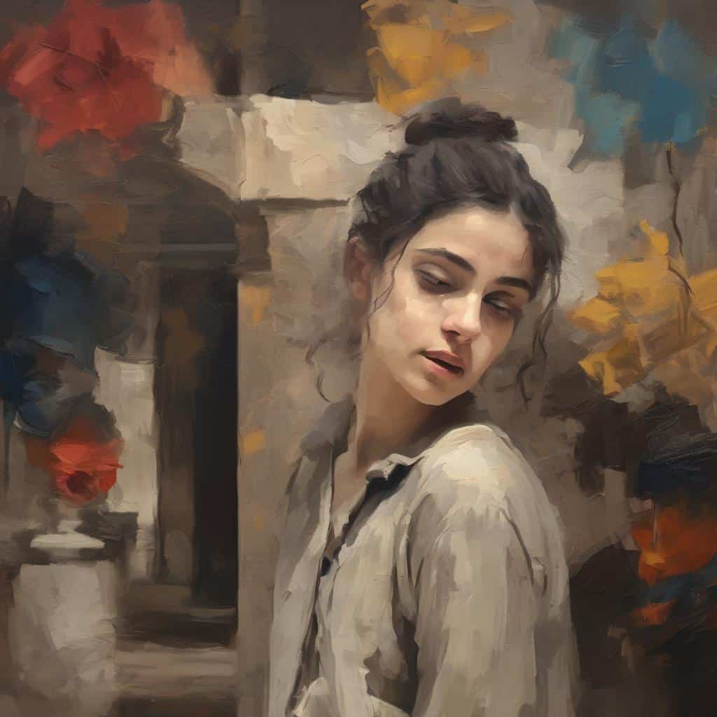 Νεαρή γυναίκα σε πορτρέτο σε ζωγραφική στιλ, με εκφραστική εμφάνιση και εξελιγμένο περιβάλλον, αναδεικνύοντας την τέχνη ως πολιτισμική αντανάκλαση και την καλλιτεχνική δημιουργικότητα.